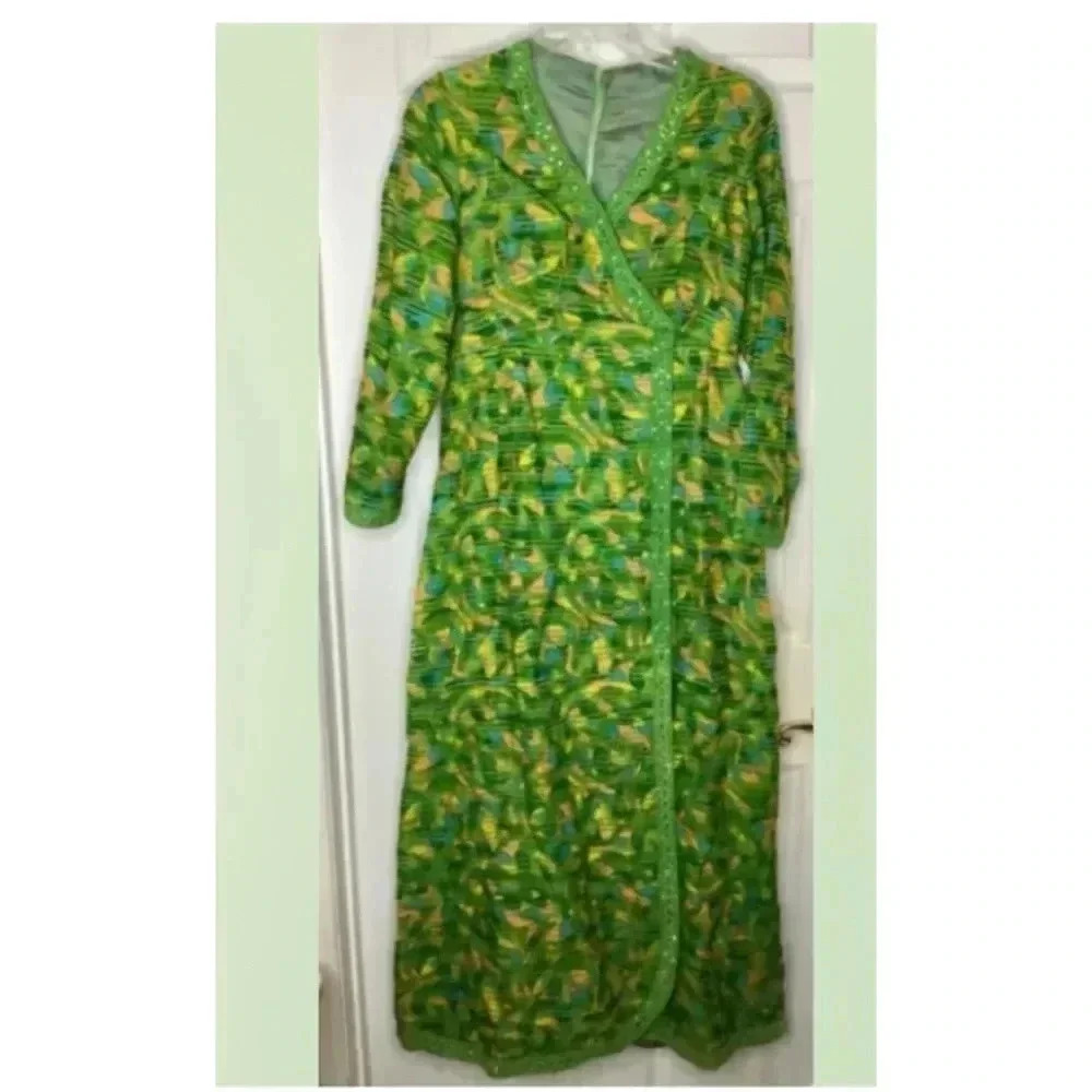 Vintage 1960’s Women Green Orange Textured V-Neck L/s Long Dress Sz 6/8? EUC